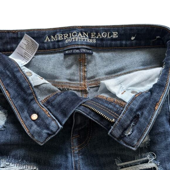 American Eagle Jean Shorts Next Level Stretch Hi Rise Shortie Distressed Size 0 - Picture 3 of 12